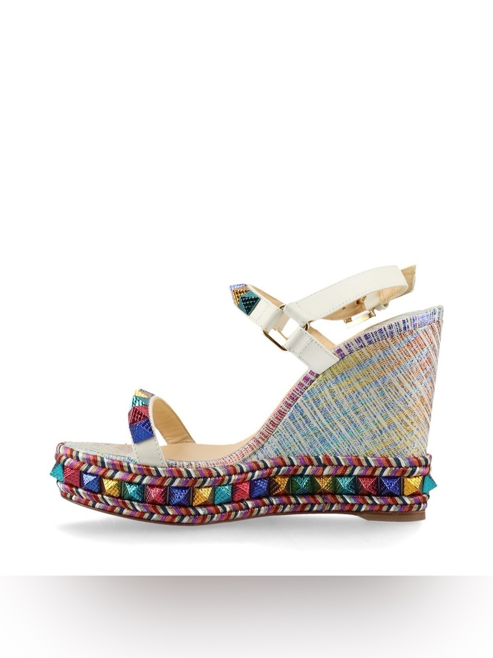 CHRISTIAN LOUBOUTIN Pyraclou Colorful Spike Bead Wedge Red Bottom Heels Sandals - Picture 3 of 9